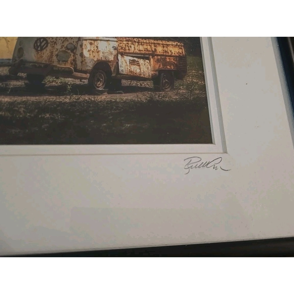 Framed & Signed Art / 'VW Bus Graveyard' / Photograph w/ rusted VW buses & truck - Picture 3 of 4
